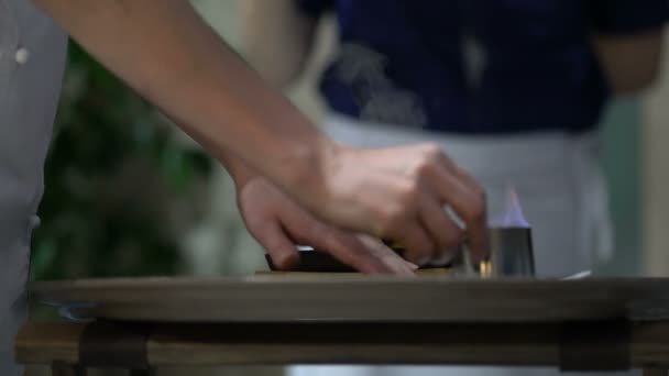 Chef faisant flambe à la nourriture dans une casserole avec de l'alcool — Video