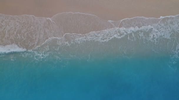 Tropiska antenn fågel öga utsikt över sandstranden och azurblå vatten — Stockvideo
