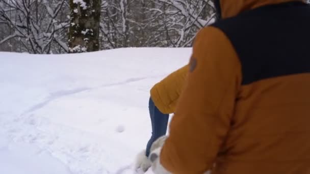 Pareja tiene pelea de bolas de nieve — Vídeo de stock