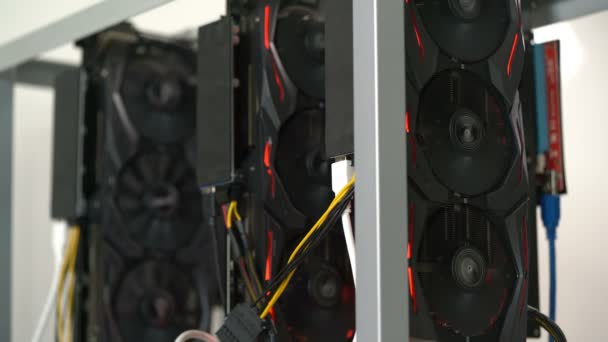 Graphic cards of the rack for mining crypto currency — Stock Video