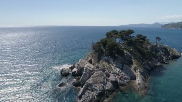 Aerial view of island in front of Petrovac. — Stock Video