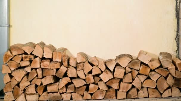 Stacking of firewood along the wall — Stock Video