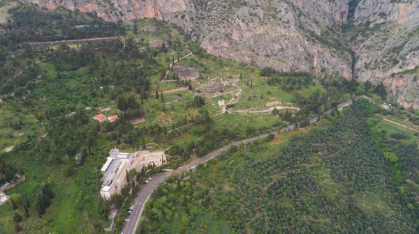 Aerial view of archaeological site of ancient Delphi, site of temple of Apollo and the Oracle, Greece