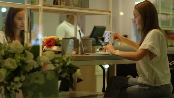 Leuke vrouw met behulp van een laptop in een café — Stockvideo