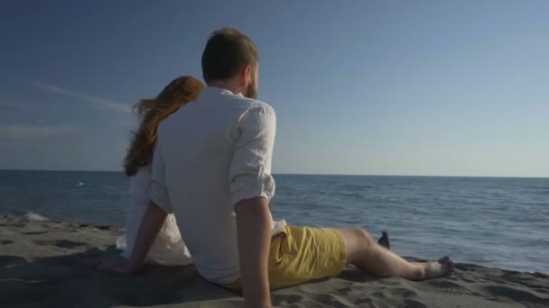Пара, сидящая на пляже и смотрящая на море — стоковое видео