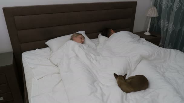 Временной интервал спящей пары на кровати с котом — стоковое видео