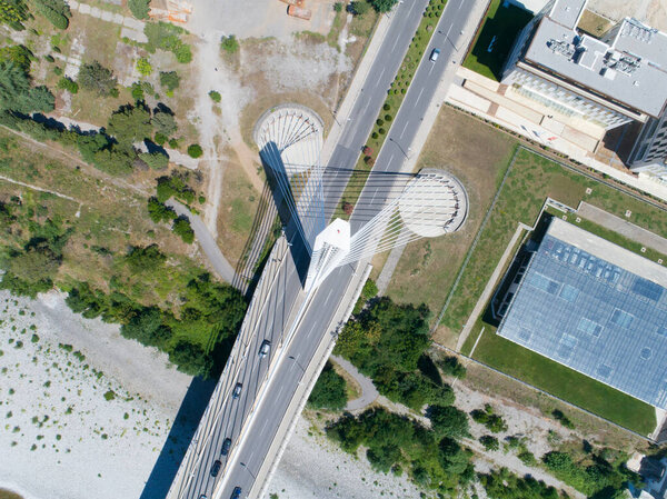 Aerial view of Millennium bridge over Moraca river in Podgorica, Montenegro