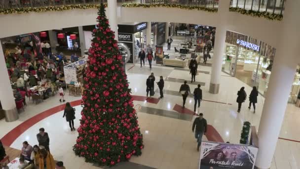 Podgorica, Černá Hora - 26. prosince 2019: Interiér nákupního centra Delta City. Interiér obchoďáku je slavnostně zdoben na Silvestrovské prázdniny. — Stock video