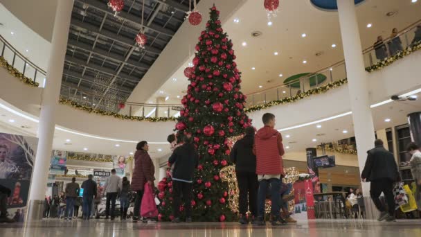 Podgorica, Montenegro - 26 de dezembro de 2019: Interior do centro comercial Delta City. O interior de um shopping decora-se festivamente para as férias de Ano Novo . — Vídeo de Stock