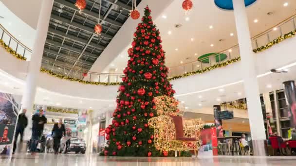 Podgorica, Montenegro - 26 de dezembro de 2019: Interior do centro comercial Delta City. O interior de um shopping decora-se festivamente para as férias de Ano Novo . — Vídeo de Stock