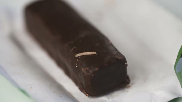 Larve auf beschädigtem Schokoladenbonbon — Stockvideo