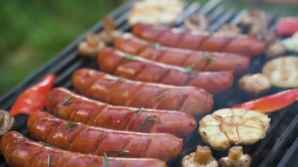 Grilled sausages with vegetables on the grill — Stock Video