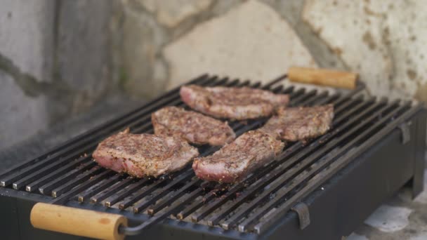Steak de bœuf grillé sur le gril, gros plan. — Video