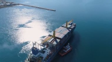 Bar, Montenegro - March 17, 2020: Aerial view of Cargo ship. Large container ship at sea