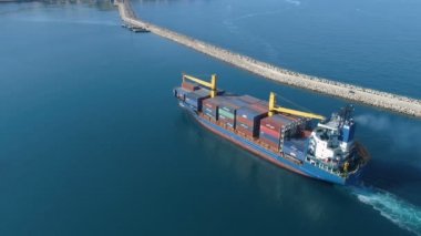 Bar, Montenegro - March 17, 2020: Aerial view of Cargo ship. Large container ship at sea
