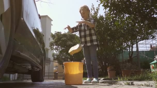 Ragazza getta una spugna in un secchio di acqua saponata dopo aver lavato l'auto — Video Stock