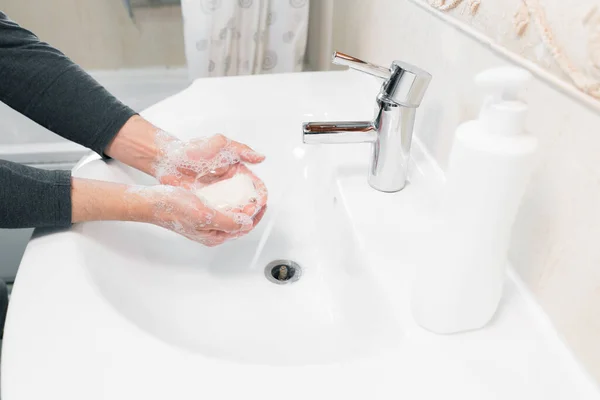 Washing hands rubbing with soap man for corona virus prevention, hygiene to stop spreading coronavirus. — Stock Photo, Image