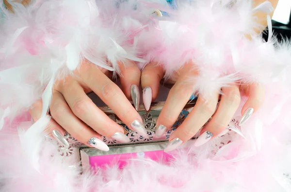 Nails pink and pearl with diamonds — Stock Photo, Image