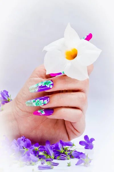 Unghie decorate con composizioni floreali per una primavera colorata a — Foto Stock