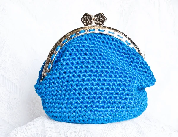 Handmade crochet purse with cotton thread in blue color