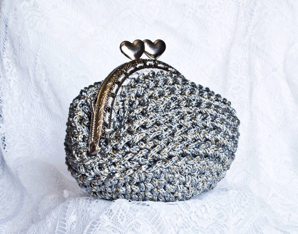 Handmade crochet purse with cotton thread in silver melange colo