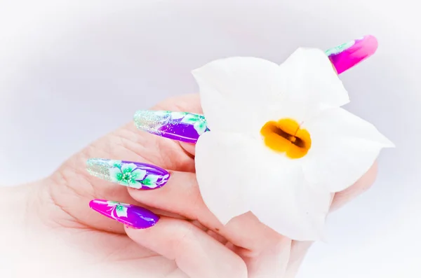 Ногти украшены цветочными аранжировками для цветной весны — стоковое фото
