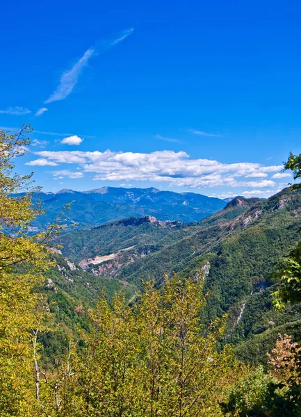 Montanhas no outono com verde, amarelo, laranja marrom — Fotografia de Stock