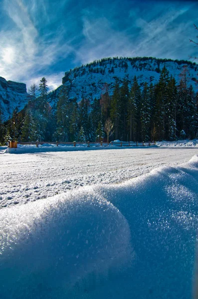 Paisagem de inverno com neve fresca e florestas nevadas no backgrou — Fotografia de Stock