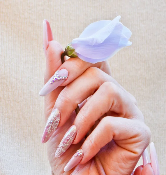 Las manos con las uñas adornadas con el color rosado y blanco aprietan w — Foto de Stock