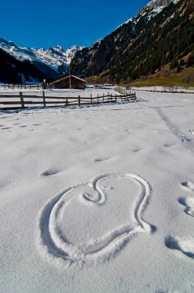 背景の山と雪の中でエッチングの心 ストック写真