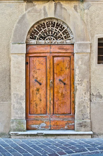 Antique wooden door with handle and decorations — Stock Photo, Image