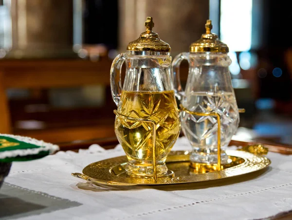 Holy water and holy wine ready for mass — Stock Photo, Image