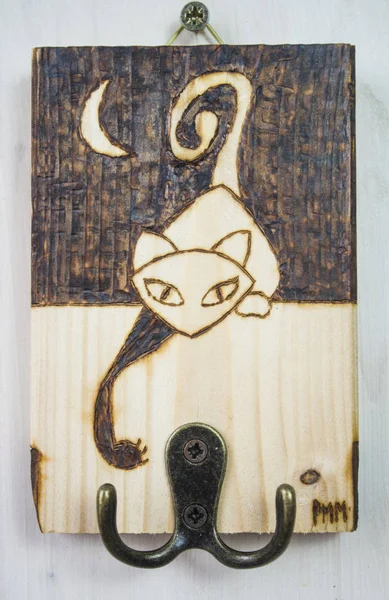 The ancient art of pyrography, wood and fire, curious cat, hang — Stock Photo, Image