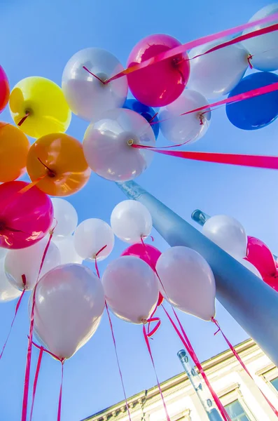 Balloons All Colors Fly Blue Sky Delight Children — Stock Photo, Image