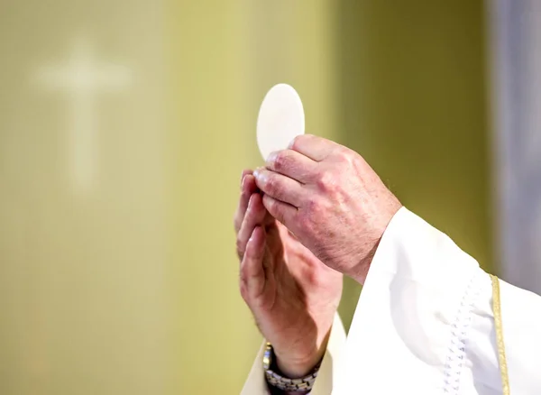 Durante Celebração Missa Mãos Sacerdote Como Mãos Papa Francisco Consagrar — Fotografia de Stock