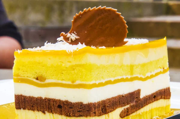 Parfait Chocolat Gâteau Éponge Crème Mangue Avec Une Décoration Hérisson — Photo