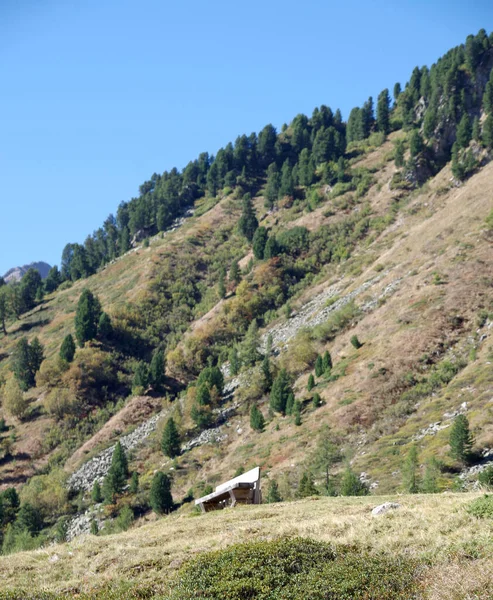 Banco Madera Para Descansar Excursionistas Admirar Las Altas Montañas Con — Foto de Stock