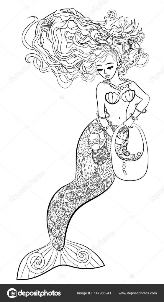 Illustrazione di fantasia di una sirena in stile zentangle Disegno con una bella ragazza subacquea isolata su priorit  bassa bianca Pagina da colorare di