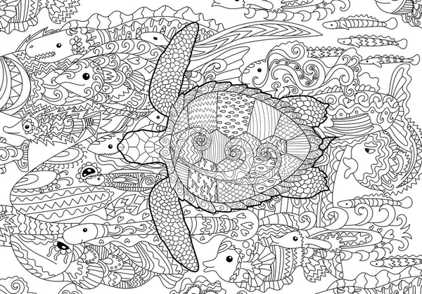 Tortuga nadadora dibujada a mano con detalles altos — Vector de stock