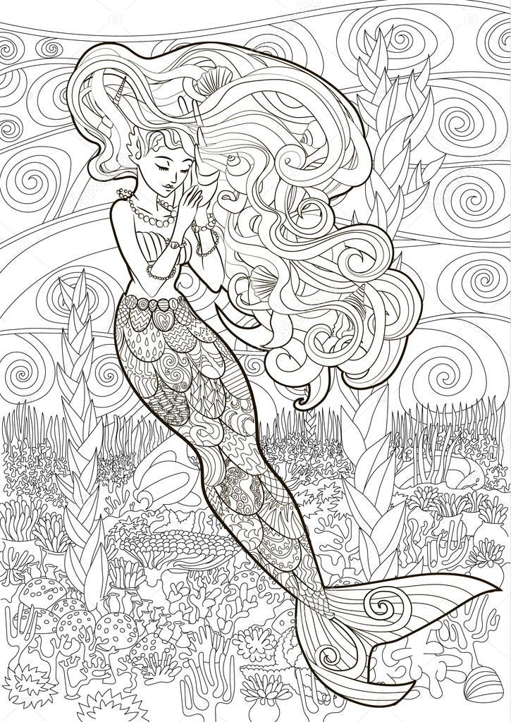 Patterned illustration of a mermaid.