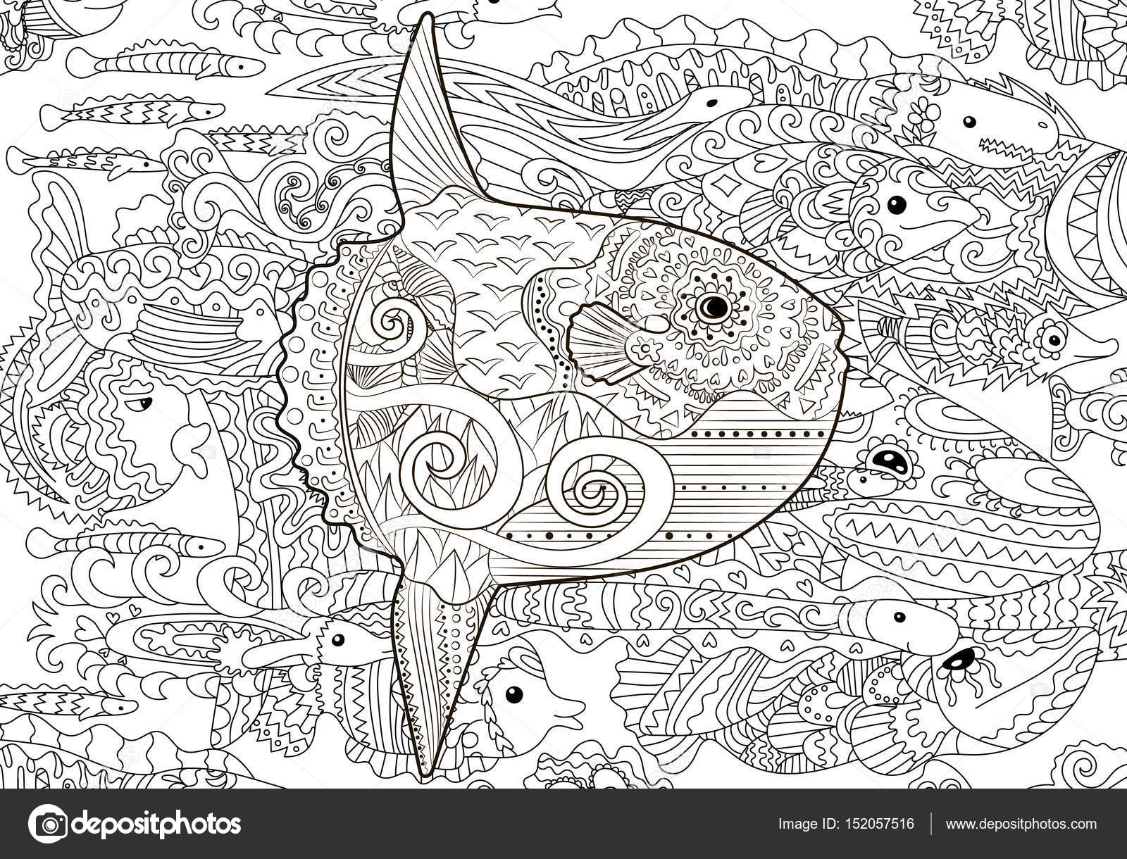 Pesce di alta Luna dettagliate per anti pagina da colorare di stress illustrazione in stile tracery Abbozzo di un pesce in mano disegnata sfondo in stile