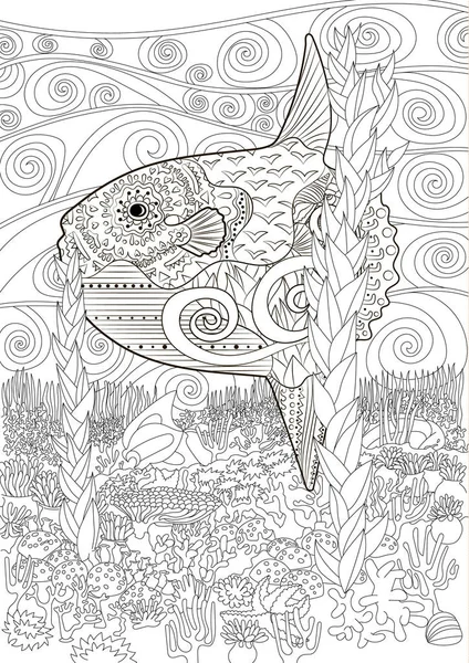 Peces luna submarina en zentangle — Vector de stock