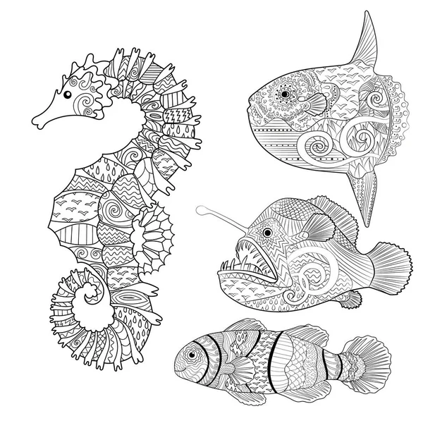 Set avec poisson zentangle — Image vectorielle