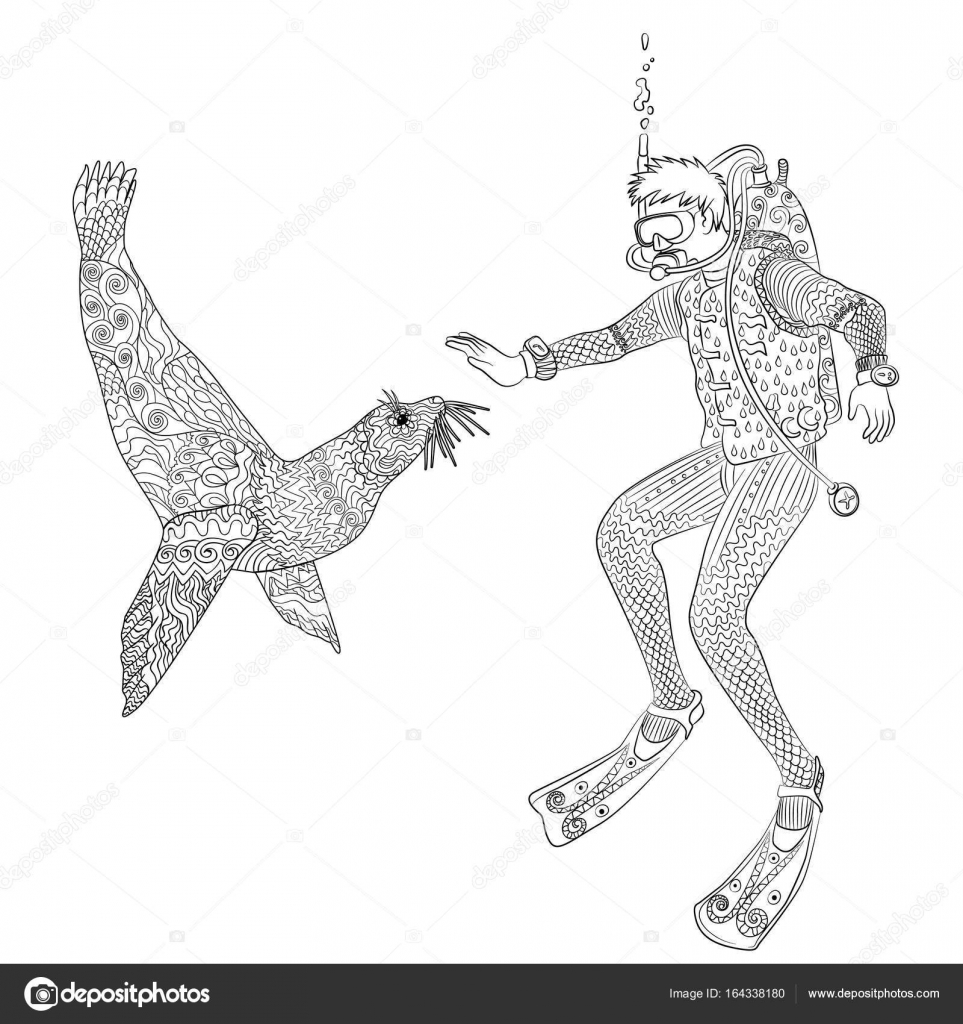 Pesce luna subacqueo e subacqueo in stile zentangle Libro da colorare antistress adulto Bianco e nero doodle animale oceanico di arteterapia