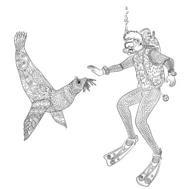 Zentangle tarzı sualtı dalgıç.