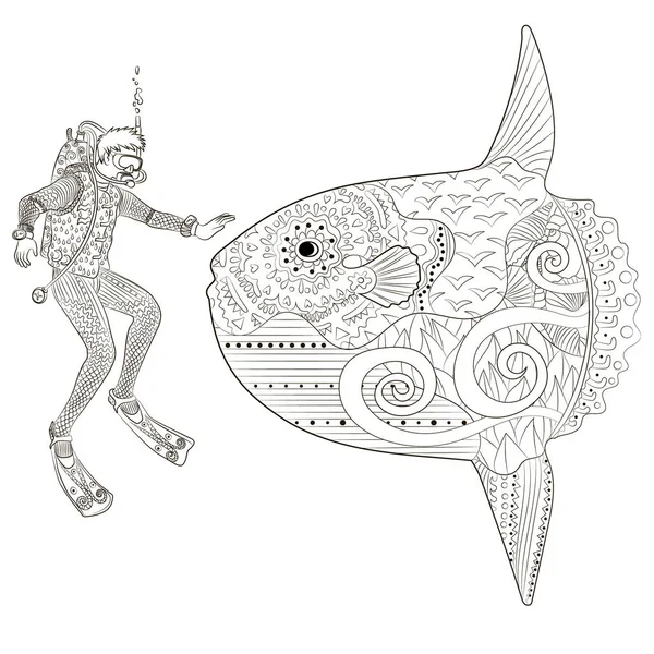 Unterwassertaucher im Zentangle-Stil. — Stockvektor