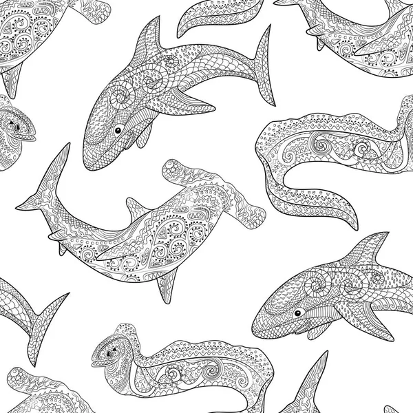 해양 동물 zentangle 완벽 한 패턴. — 스톡 벡터