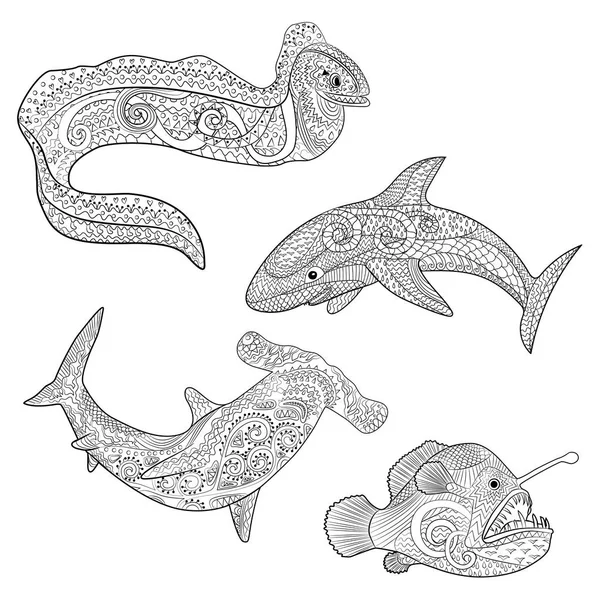 Set con depredadores submarinos en estilo zentangle . — Archivo Imágenes Vectoriales