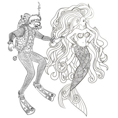 Sualtı deniz kızı ve dalgıç zentangle tarzı.
