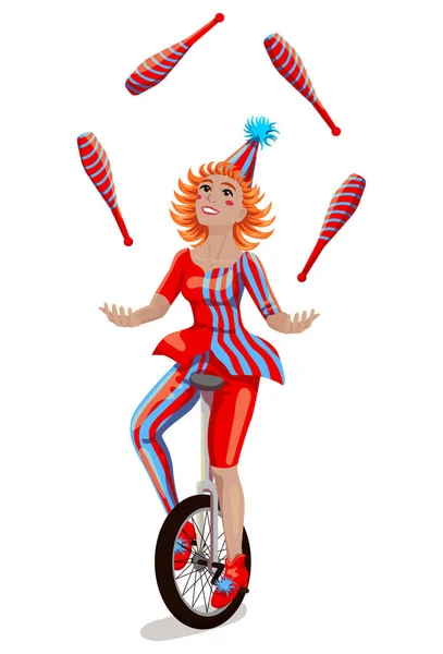 Circus meisje jongleur op een eenwieler — Stockvector